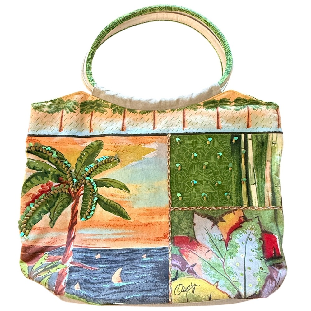 Ounsby Tropical Palm Tree Tote Bag Beaded Sequin Sunset Canvas Green Large Women